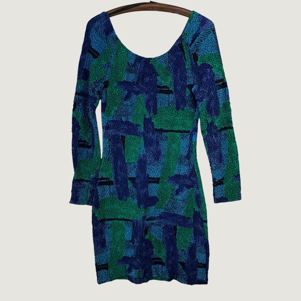 Oxygen Popcorn Dress M Blue Green Abstract Textured 90s Vintage Bodycon Mini